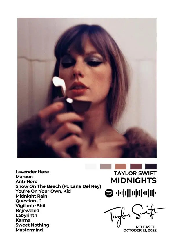 Taylor Swift — Midnights Album Cover with Tracklist and Palette