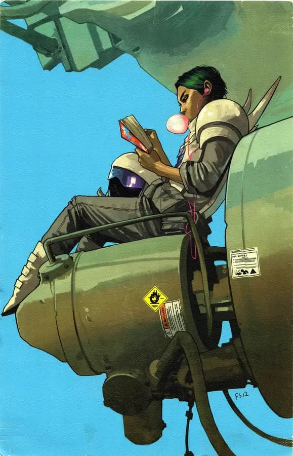 Futuristic Soldier Reading with Bubblegum on Airplane Wing