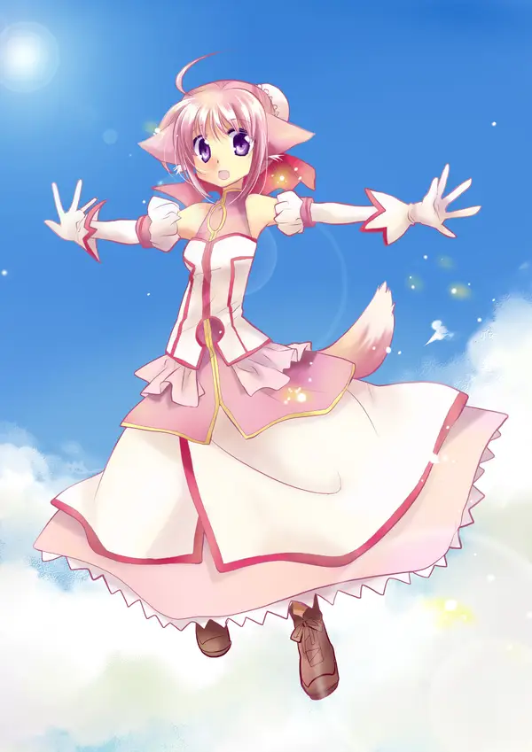 Happy Anime Girl with Cat Ears and Tail in Pink Dress Sky Scene